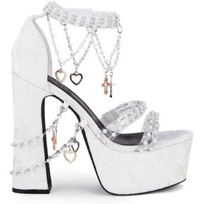 Dolls Kill Holy Revelation Platform Heels by Sugar Thrillz, Velvet Heels with Pearl Beads & Adjustable Straps