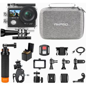 AKASO Brave 4 Action Camera with Selfie Stick Tripod and Carrying Case Bundle - 4K30 20MP Ultra Hd EIS 131ft Underwater Camera 5xZoom Dual Screen with Helmet and Bicycle Accessories Kit