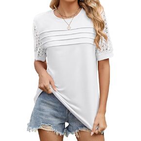 Women's Short Sleeve Dressy Tops Lace Summer Tops 2025 Spring Trendy Casual T-Shirts Cute Work Outfits Blouses