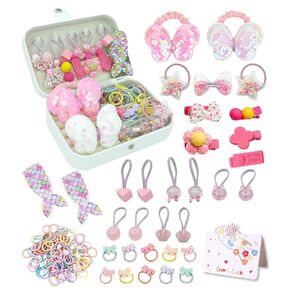 Girls' Hair Accessories Gift Set – Bow Hair Clips, Colorful Rubber Bands & Travel Jewelry Organizer – Perfect for Birthdays, Travel & Daily Use (Pink)
