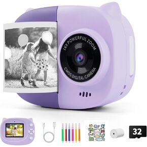 Instant Print Camera Toy for Kids, Girls Birthday Gifts for 3 4 5 6 7 8 Year Old Learning Music Story Player, 1080P HD Dual-Lens Creative Instant Camera, Purple