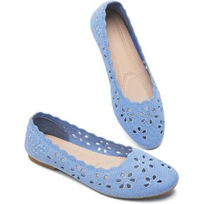 BABUDOG Knit Ballet Flats Shoes for Women,Womens Flats Dressy Comfortable,Women’s Dress Shoes with Flower Eyelets,Slip on Casual Walking Flats