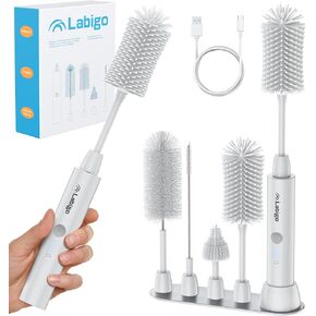 LABIGO Electric Bottle Brush Cleaner Set, Multi-Purpose Cleaning Brush, 1 Count, White, Plastic Handle, Bottle, Cup, Glass, Waterproof, Adjustable Speeds, 4 Replaceable Nylon or Silicone Brush Heads