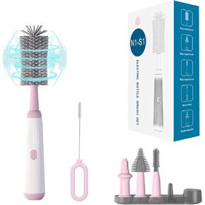 Electric Baby Bottle Brush Cleaner with Extended Handle & Drying Holder, Baby Bottle Brush Set with Silicone Bottle/Nipple/Crevice/Brush,Straw Cleaner,Lifesaver Automatic Bottle Cleaner,Pink