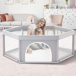 Baby playpen, 65x65 Inch Hexagonal Baby playpen for Babies and Toddlers, Baby Fence Play Pens for Indoor & Outdoor, Sturdy Safety Play Yard with Soft Breathable Mesh, Anti-Fall, Grey