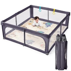 Foldable Playpen for Babies and Toddlers, 71x71 Inches Heavy-Duty Playpen with Door, Kids Collapsible Play Pen with Thickened Padding Indoor & Outdoor Baby Fence Play Area with Visible Mesh, Gray