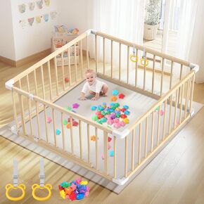 Baby Wooden Playpen for Toddler and Babies - 43 x 43 x 24 Inch Easy to Assemble Baby Playpen with 2 Handles & 30 Ocean Ball - Babies Safety Activity Centre Play Yard with Door for Indoor & Outdoor
