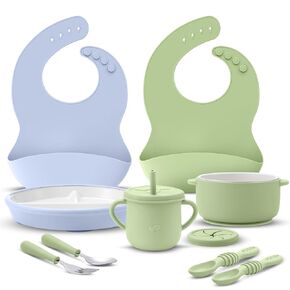 9 Pcs Porcelain Baby Feeding Set Porcelain Kids Plates and Bowls with Suction Set, Ceramic Toddler Forks Spoons Cup Bib Microwave Dishwasher Safe(Pastels)