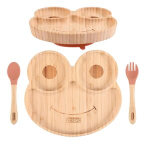 3PCS Bamboo Baby Plate with Silicone Spoon & Fork, Baby Suction Food Plate, All-Natural Baby Plate for Babies & Toddlers, Baby Led Weaning Supplies Non Slip & BPA Free (Orange-Frog)