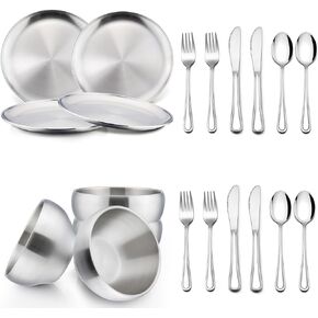 HaWare Kids Plates and Bowls Sets, 20-Piece Kids Dinnerware Set Includes Plate, Bowl and Silverware, Made of Premium Stainless Steel, Unbreakable Dinnerware for Party, Picnic, Camping, Dishwasher Safe