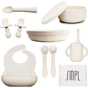 SMPL Premium 13 pc Baby Led Weaning Silicone Eating Utensils Essentials Set- Minimalist Plate Bowl Covers Cup Straw Forks Spoons Bib White Gift Infants Toddlers Birthday Baby Shower First Time Parents