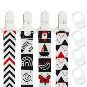 Boho Pacifier Clips for Girls, 4 Pack Pacifier Strap with Adapters for Girls, Pacifier Holder Binky Clips, Baby Girl Newborn Essentials for Baby Teething Toys Baby Shower (Black+White)