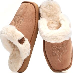 LBF Fuzzy Western Slippers for Women Comfy Winter Fluffy House Cowgirl Boot Slippers with Memory Foam Indoor Outdoor Square Toe