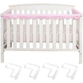 Breathable Bed Edge Rail Cotton Protector and 4 Clear PVC Corner Guard Set, Reversible Guardrail Cover Protector, Teething Protection (Pink)