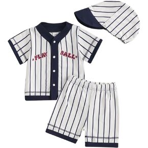 Omkzanbi Baby Boy Baseball Outfit Jersey Shirt Striped Jogger Shorts Caps 3Pcs Baseball Uniform Toddler Summer Clothes 6M-4Y