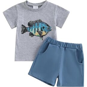 fhutpw Toddler Baby Boy Clothes Summer Fish Print Short Sleeve T Shirt Pockets Shorts Set Infant 2 Piece Casual Outfits