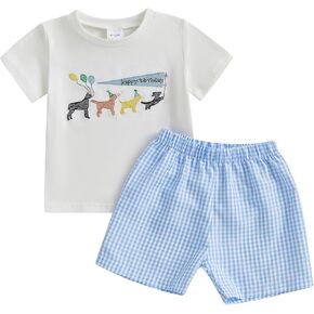 Lamuusaa Toddler Baby Boy Birthday Outfit Wild Animal Birthday Boy Embroidery T-shirt Plaid Shorts Summer Clothes