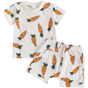 Thorn Tree Baby Girl Boy Easter Outfits Bunny Carrot Short Sleeve T-Shirt Pocket Shorts Summer Toddler Outfits