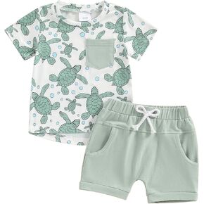 Infant Baby Boys Sea Animal Shorts Sets 2Pcs Summer Outfits Crab Turtle Print Short Sleeve T-Shirt and Shorts Suit