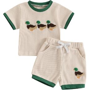 Toddler Baby Boy Summer Outfit Mallard Duck Embroidery Short Sleeve T-Shirt Tops Waffle Shorts Set Hunting Clothes