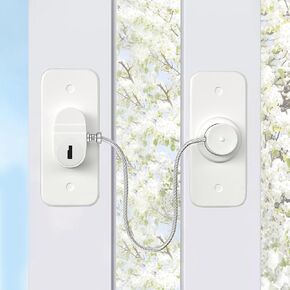 [Upgrade] BECOMTO 2 Pack Window Safety Locks for UPVC,Refrigerator Locks for Childproof Pet,Child Baby Safety Window Restrictor Self Adhesive Security Wire Catch with Screw and Key,No Drilling - White