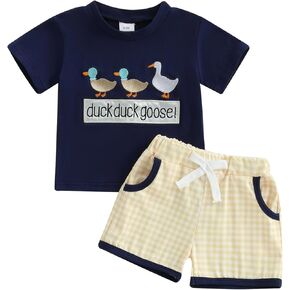 Toddler Baby Boy Summer Outfit Farm Clothes Short Sleeve T-Shirt Plaid Shorts Mallard Duck Goose Outfits