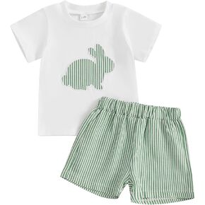 Baby Boy Easter Clothes Bunny Carrot Embroidery Short Sleeve T-shirt Plaid Striped Shorts Set 2Pcs Summer Outfit