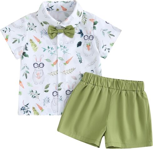 MAINESAKA Toddler Baby Boy Easter Outfit Bunny Print Short Sleeve Button Down Shirt and Shorts Set 2 Piece Summer Clothes in Saudi Arabia