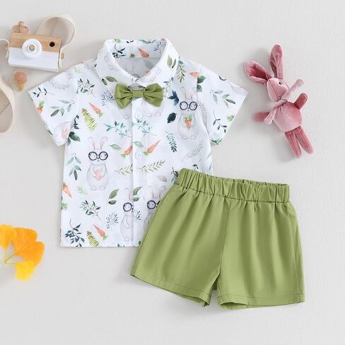 MAINESAKA Toddler Baby Boy Easter Outfit Bunny Print Short Sleeve Button Down Shirt and Shorts Set 2 Piece Summer Clothes in Saudi Arabia