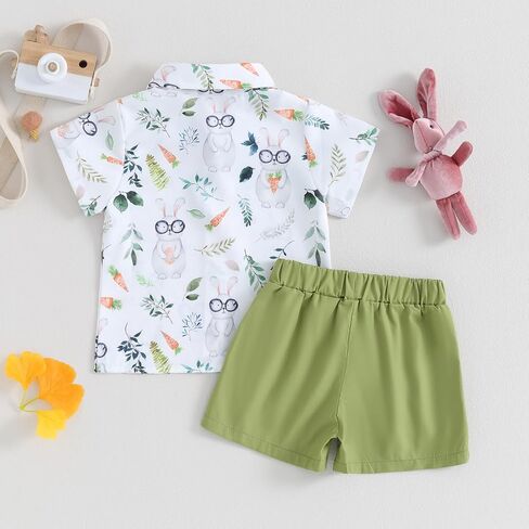 MAINESAKA Toddler Baby Boy Easter Outfit Bunny Print Short Sleeve Button Down Shirt and Shorts Set 2 Piece Summer Clothes in Saudi Arabia