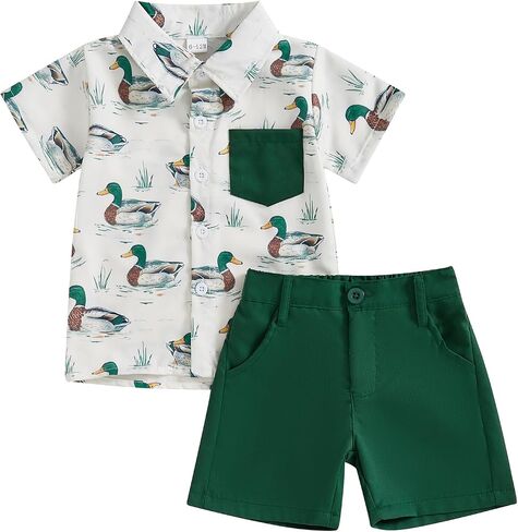 MAINESAKA Toddler Baby Boy Easter Outfit Bunny Print Short Sleeve Button Down Shirt and Shorts Set 2 Piece Summer Clothes in Saudi Arabia