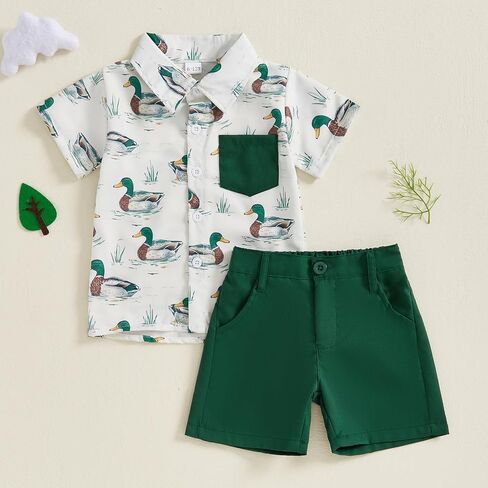 MAINESAKA Toddler Baby Boy Easter Outfit Bunny Print Short Sleeve Button Down Shirt and Shorts Set 2 Piece Summer Clothes in Saudi Arabia