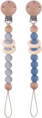 2Pcs Wood Silicone Pacifier Clip Baby Pacifier Holder Binky Clips for Baby Girl and Boys(Blue) in Saudi Arabia