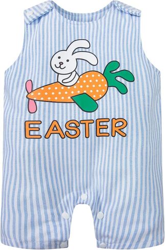 Bakjuno Toddler Baby Boys Girls First Easter Tearfits Bunny Pattern Sumpender Romper Blue Stripes Pants Easter Gets in Kuwait