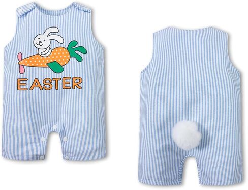Bakjuno Toddler Baby Boys Girls First Easter Tearfits Bunny Pattern Sumpender Romper Blue Stripes Pants Easter Gets in Kuwait