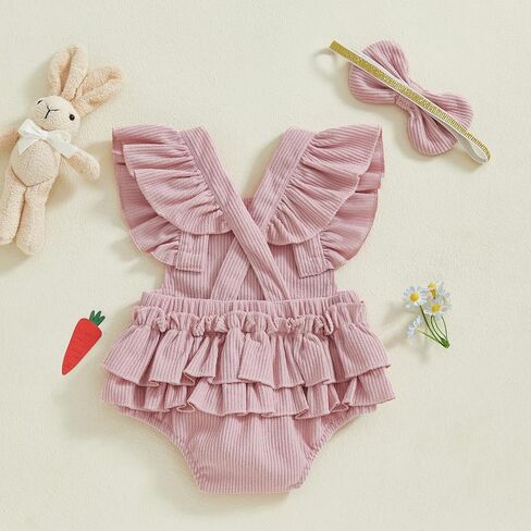 Baby Girl Outfit Summer Bunny Onesie Bubble Romper Embroidery Square Neck Rabbit Clothes in Saudi Arabia