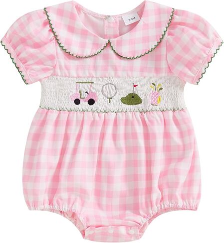 Newborn Baby Girl Golf Outfit Smocked Golf Cart Bubble Romper Ruffle Onesie Bodysuit Infant Summer Clothes in Kuwait