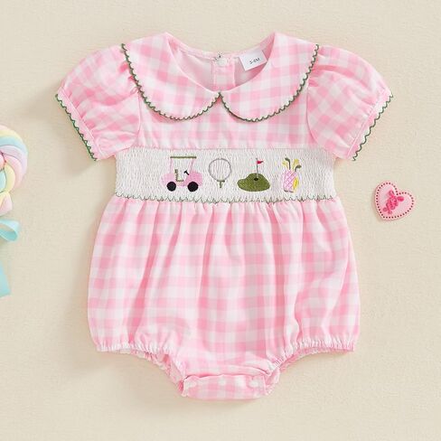 Newborn Baby Girl Golf Outfit Smocked Golf Cart Bubble Romper Ruffle Onesie Bodysuit Infant Summer Clothes in Kuwait