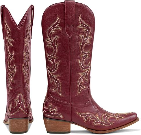 Ouepiano Cowboy Boots for Women Cowgirl Mid Calf Western Embroidered Chunky heels Pointed Toe Pull On Vintage Fashion Country Boot in Saudi Arabia