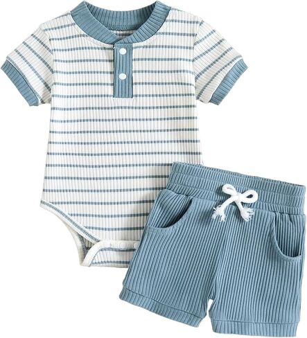 Baby Boy Outfits Ribbed Short Sleeve Striped Romper Top Solid Shorts with Pocket Baby Boy Summer Clothes 0-18M in Saudi Arabia
