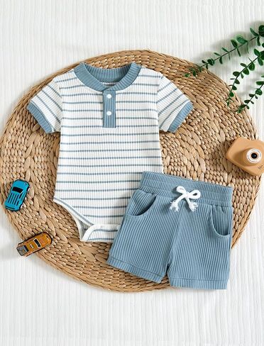 Baby Boy Outfits Ribbed Short Sleeve Striped Romper Top Solid Shorts with Pocket Baby Boy Summer Clothes 0-18M in Saudi Arabia