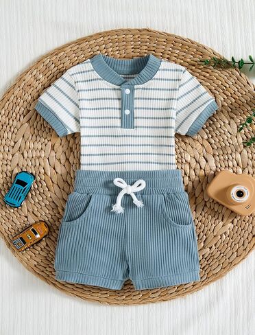 Baby Boy Outfits Ribbed Short Sleeve Striped Romper Top Solid Shorts with Pocket Baby Boy Summer Clothes 0-18M in Saudi Arabia
