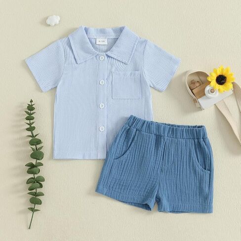 Toddler Baby Boy Linen Outfits Solid Color Short Sleeve Lapel Button Down Shirt and Shorts Summer Clothes Set in Saudi Arabia