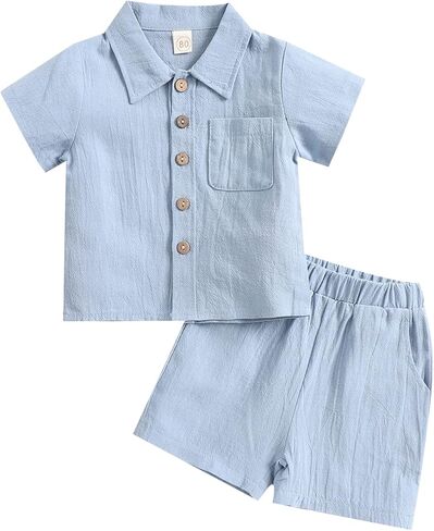Toddler Baby Boy Linen Outfits Solid Color Short Sleeve Lapel Button Down Shirt and Shorts Summer Clothes Set in Saudi Arabia
