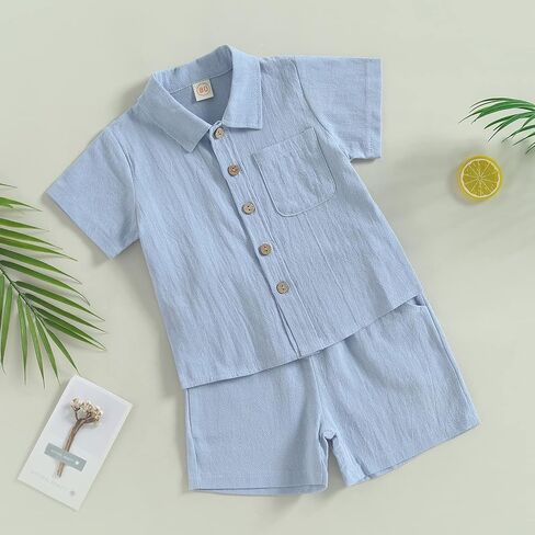 Toddler Baby Boy Linen Outfits Solid Color Short Sleeve Lapel Button Down Shirt and Shorts Summer Clothes Set in Saudi Arabia