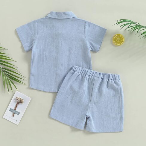 Toddler Baby Boy Linen Outfits Solid Color Short Sleeve Lapel Button Down Shirt and Shorts Summer Clothes Set in Saudi Arabia