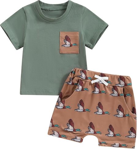 Kaipiclos Baby Boys Cloths Toddler Summer Todfits Short Sleeve Duck Print Pocket Tops و Shorts Farm Viril Absy in Kuwait