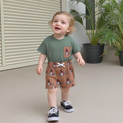 Kaipiclos Baby Boys Cloths Toddler Summer Todfits Short Sleeve Duck Print Pocket Tops و Shorts Farm Viril Absy in Kuwait