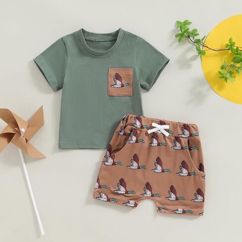 Kaipiclos Baby Boys Cloths Toddler Summer Todfits Short Sleeve Duck Print Pocket Tops و Shorts Farm Viril Absy in Kuwait