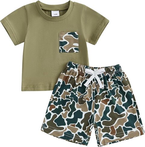 Kaipiclos Baby Boys Clothes Toddler Summer Outfits Short Sleeve Duck Print Pocket T-Shirt Tops and Shorts Farm Baby Clothes in Saudi Arabia